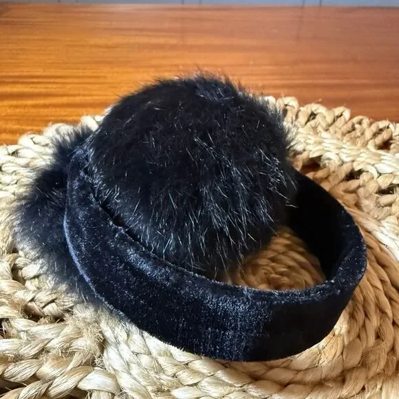 Vintage‎ Fur Earmuffs Geuine Rabbit Black on Velvet Headband EUC Hats